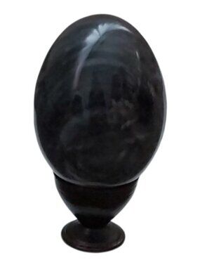 Large Polished Black Stone Egg on Wooden Stand ~4.5" Tall Decorative